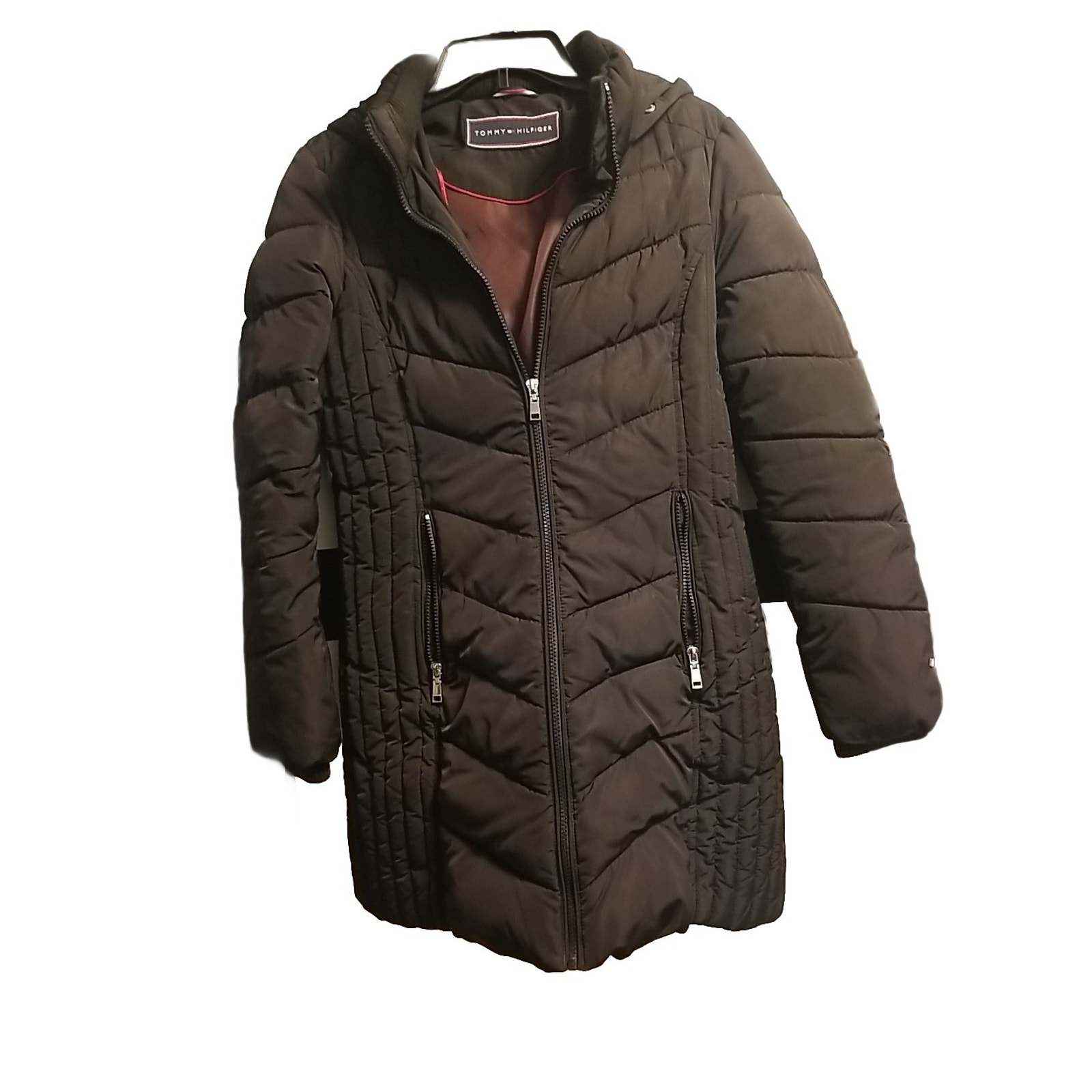 Tommy Hilfiger Womens Black Quilted Zipper W Hood Coat Size Small